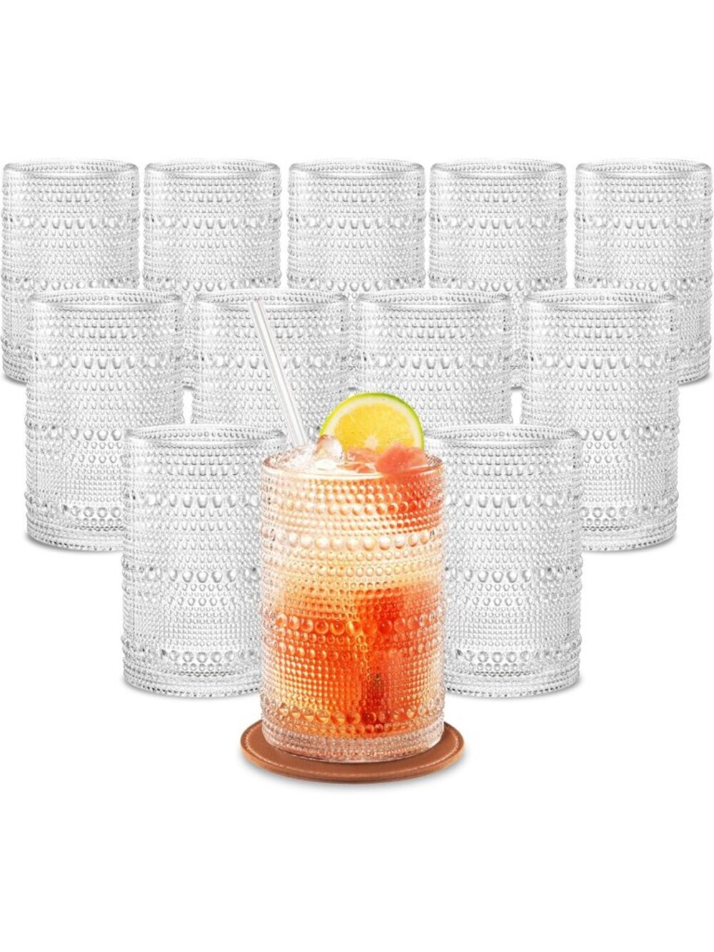 Set of 12 Clear Hobnail Drinking Glasses - 15 oz Vintage Style Tumblers